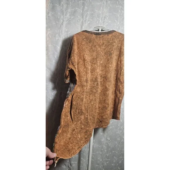 Boho Hippie TShirt Womens M/L Patchwork Short Sleeve Asymmetrical Lagenlook 90s - Picture 8 of 9